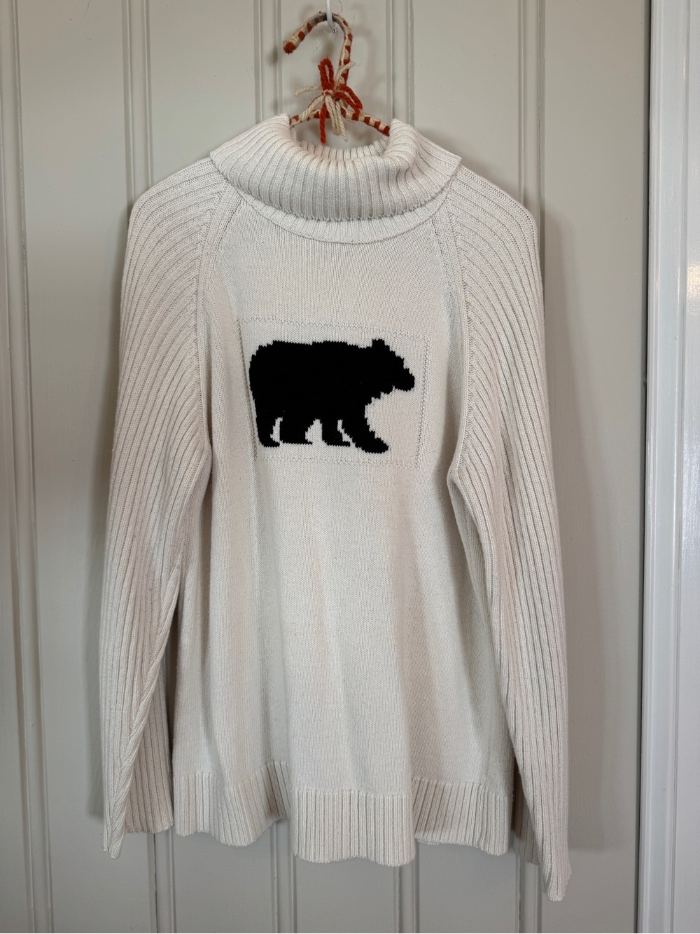 Cream Ribbed Cotton Cowl Neck Turtleneck Sweater Black Bear Motif Large